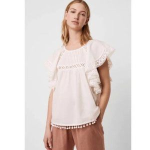 French Connection Sz 4 XS Cadenza Frill Pom Pom Top Shirt Blouse Summer White